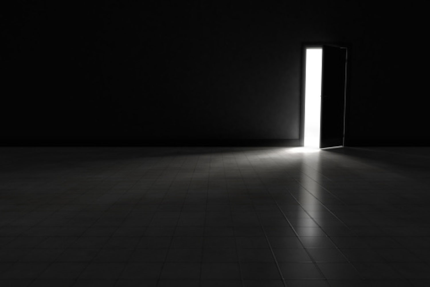An open door with bright light streaming into a very dark room.  Background Illustration.
