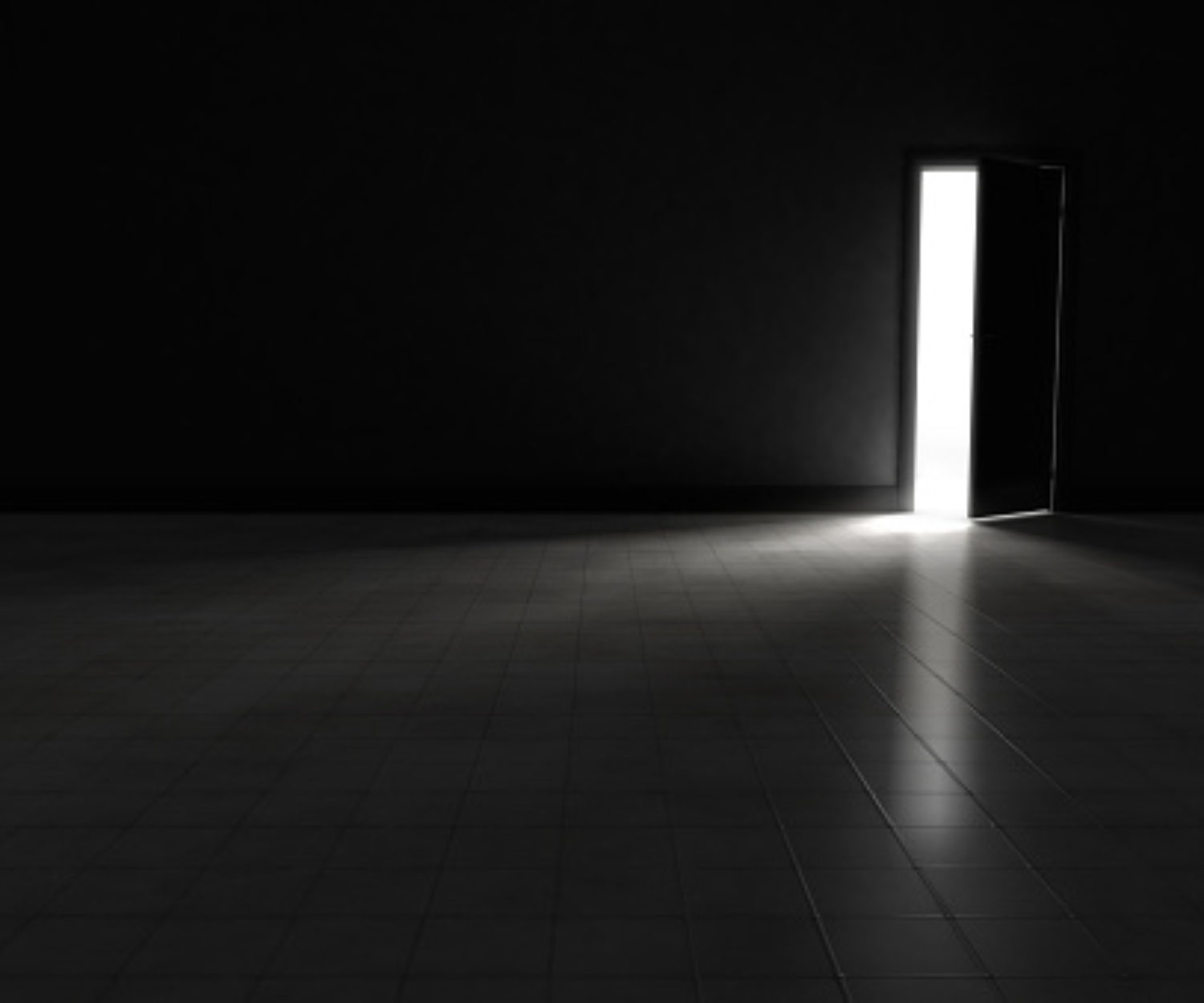 An open door with bright light streaming into a very dark room.  Background Illustration.